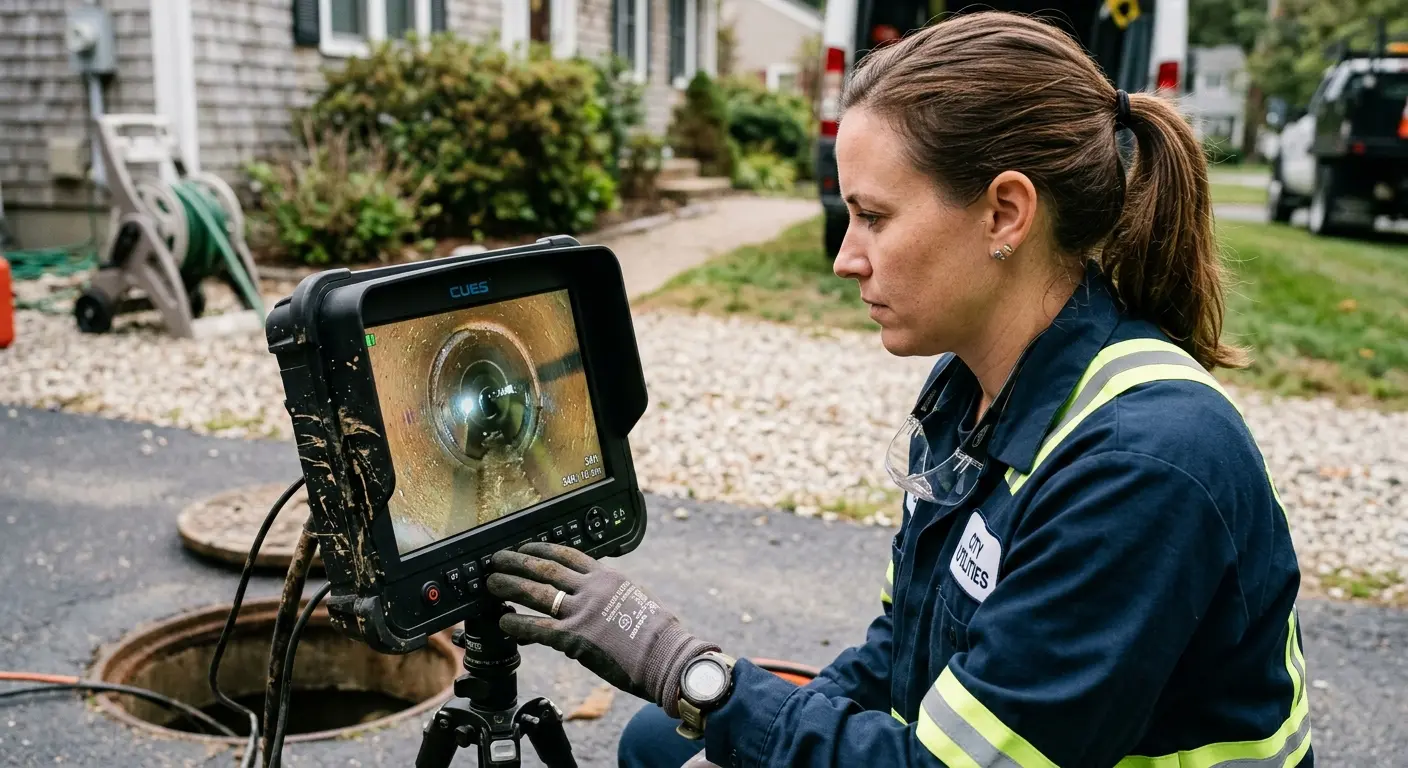 Technician reviewing sewer camera inspection footage in Turlock