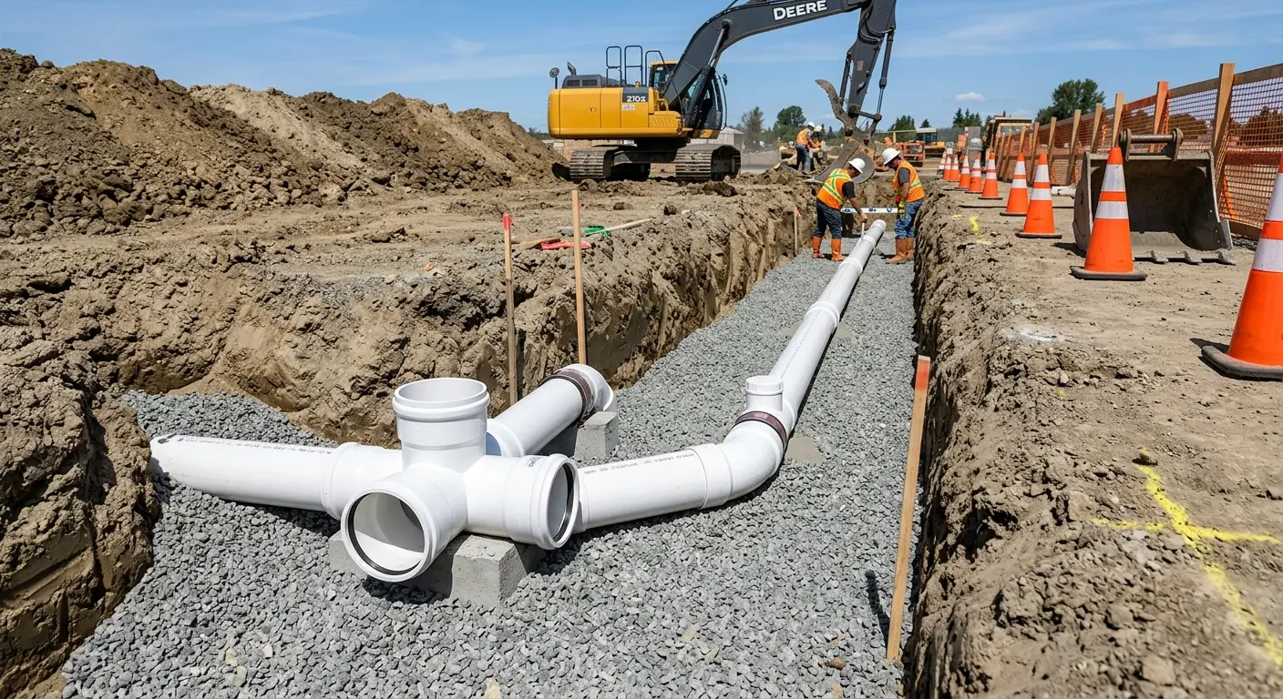 New PVC sewer pipe installation in open trench for Sewer Backup in Turlock