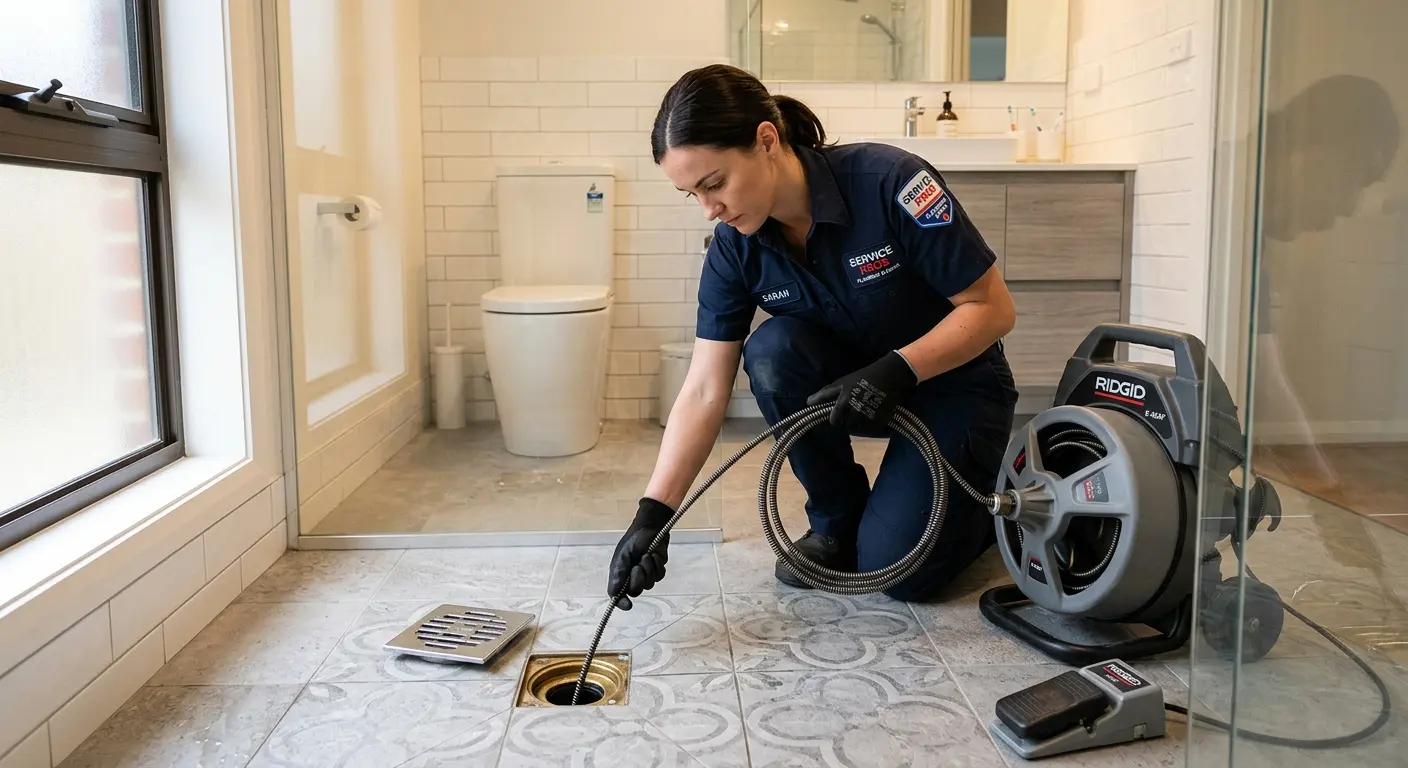 Technician clearing a bathroom floor drain for Drain Cleaning in Turlock